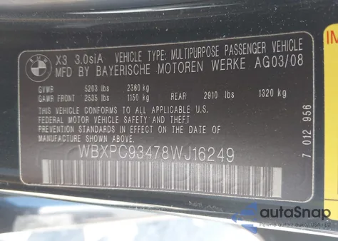 2008 BMW X3 3.0Si z USA, uszkodzony, nr VIN WBXPC93478WJ16249